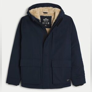 Navy Blue Hooded Hollister Jacket with Beige Faux Fur Lining